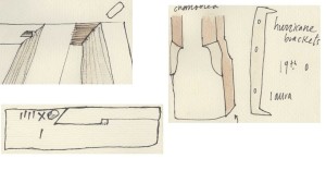 Sketches of architectural details at Laura, including marks that were used to measure floor beams